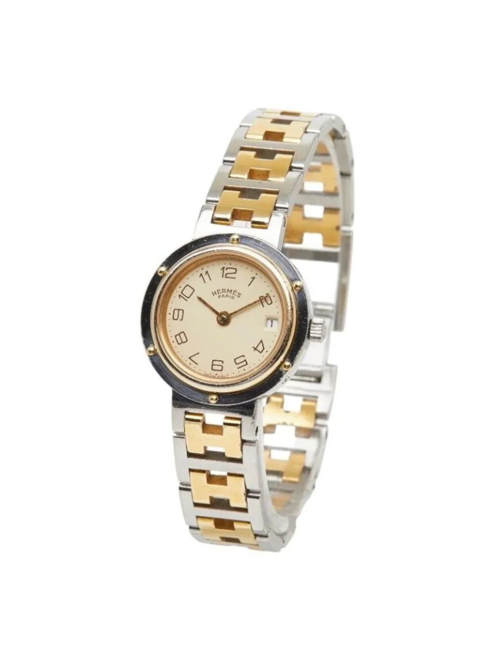 Hermes Clipper Watch Beige Gold Silver Stainless Steel